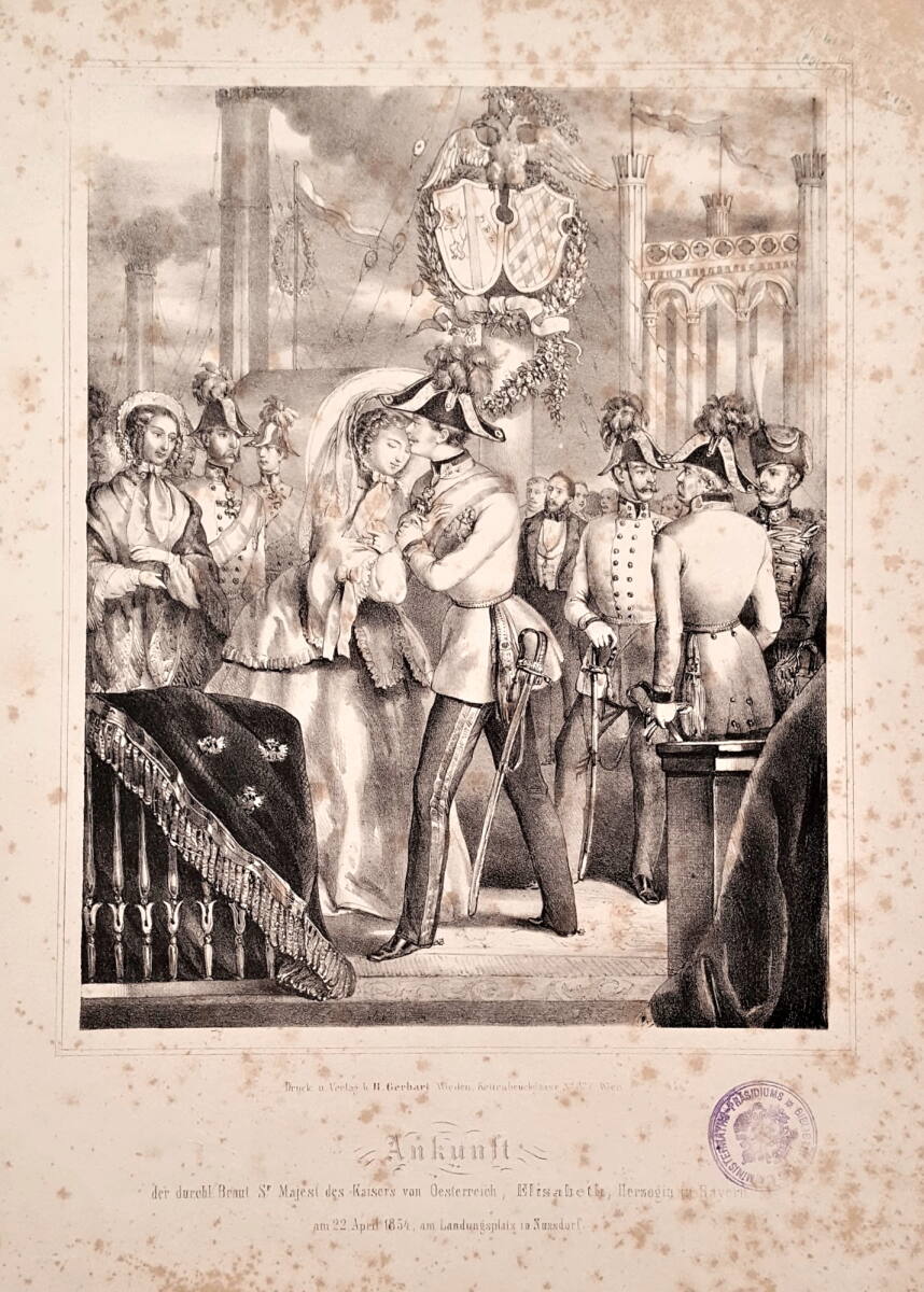 Anonym, Kaiser Franz Joseph von Österreich empfängt seine Braut Elisabeth Herzogin in Bayern am Schiffslandeplatz in Nußdorf am 22. April 1854
