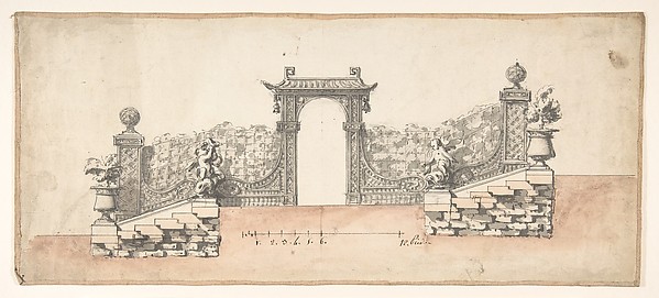 Anonymous, French, 18th century, Design for Stairs in a Garden, Ligned with Trelliswork and a Chinese-inspired Gate