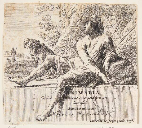 Nicolaes Berchem, Fårehyrde siddende på en sten. Titelblad til "Forskellige dyr"