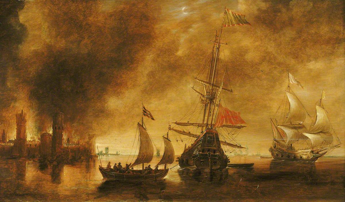 Andries van Eertvelt, Daybreak after the bombardment of a port by Spanish ships
