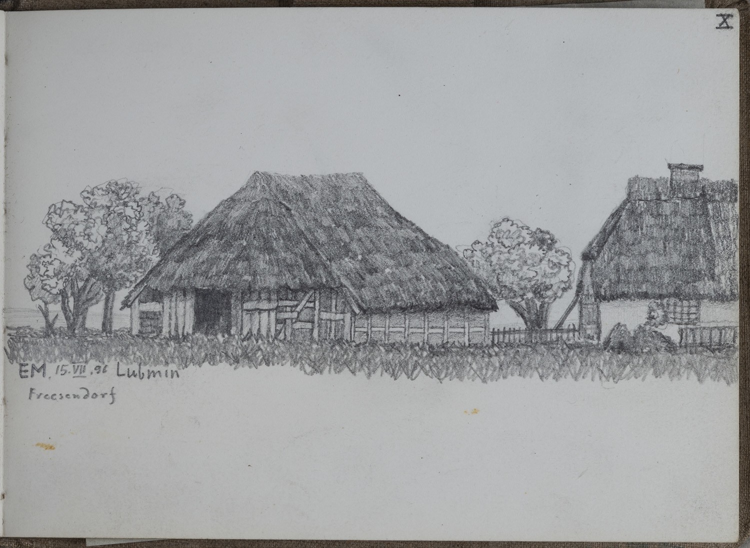 Ernst Morgenstern, Freesendorf (Kr. Greifswald): Scheune und Bauernhaus (Skizzenbuch Ernst Morgenstern, Bl. X)