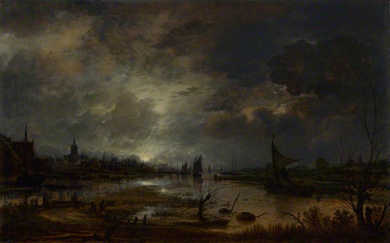 Aert van der Neer, A River near a Town, by Moonlight