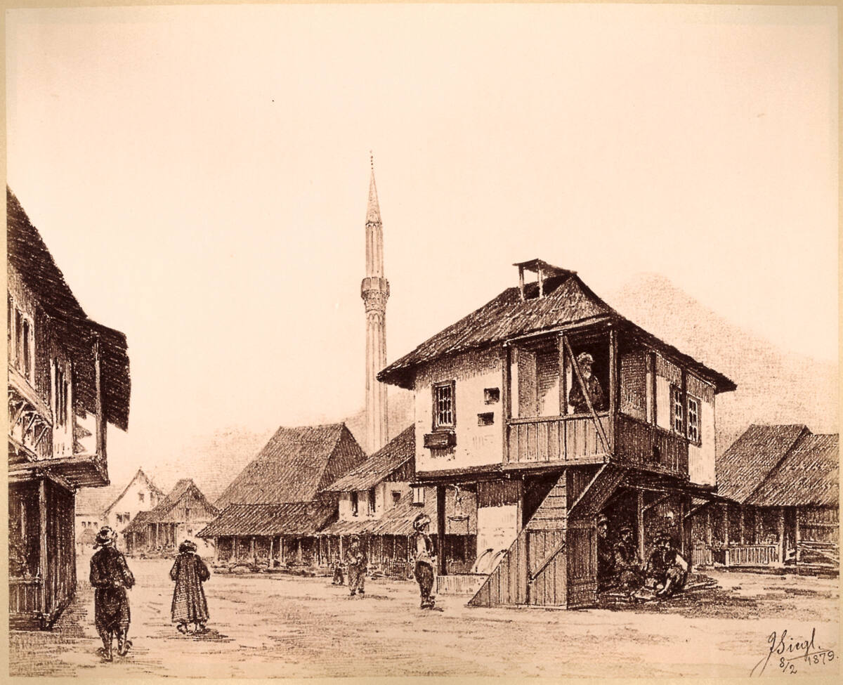 Unknown artist, Belladia (Stadthaus) in Visoka, Fotografie nach einer Pinselzeichnung von Karl (Julius?) Ritter von Siegl