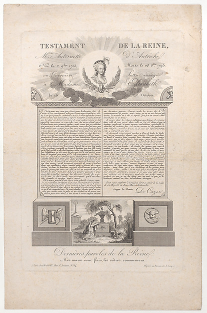 Anonymous, The testament and last words of Marie Antoinette