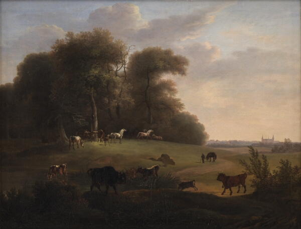 Christian David Gebauer, Keld Skov ved Frederiksborg med en del af det kongelige stutteri. I forgrunden schweizer- og tyrolerkvæg