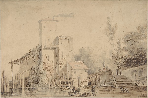 Louis Gabriel Moreau, Farm House by a River with Figures