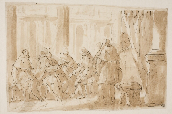 Giovanni Antonio Pellegrini, En gruppe med fem gejstlige, der taler med en lægmand