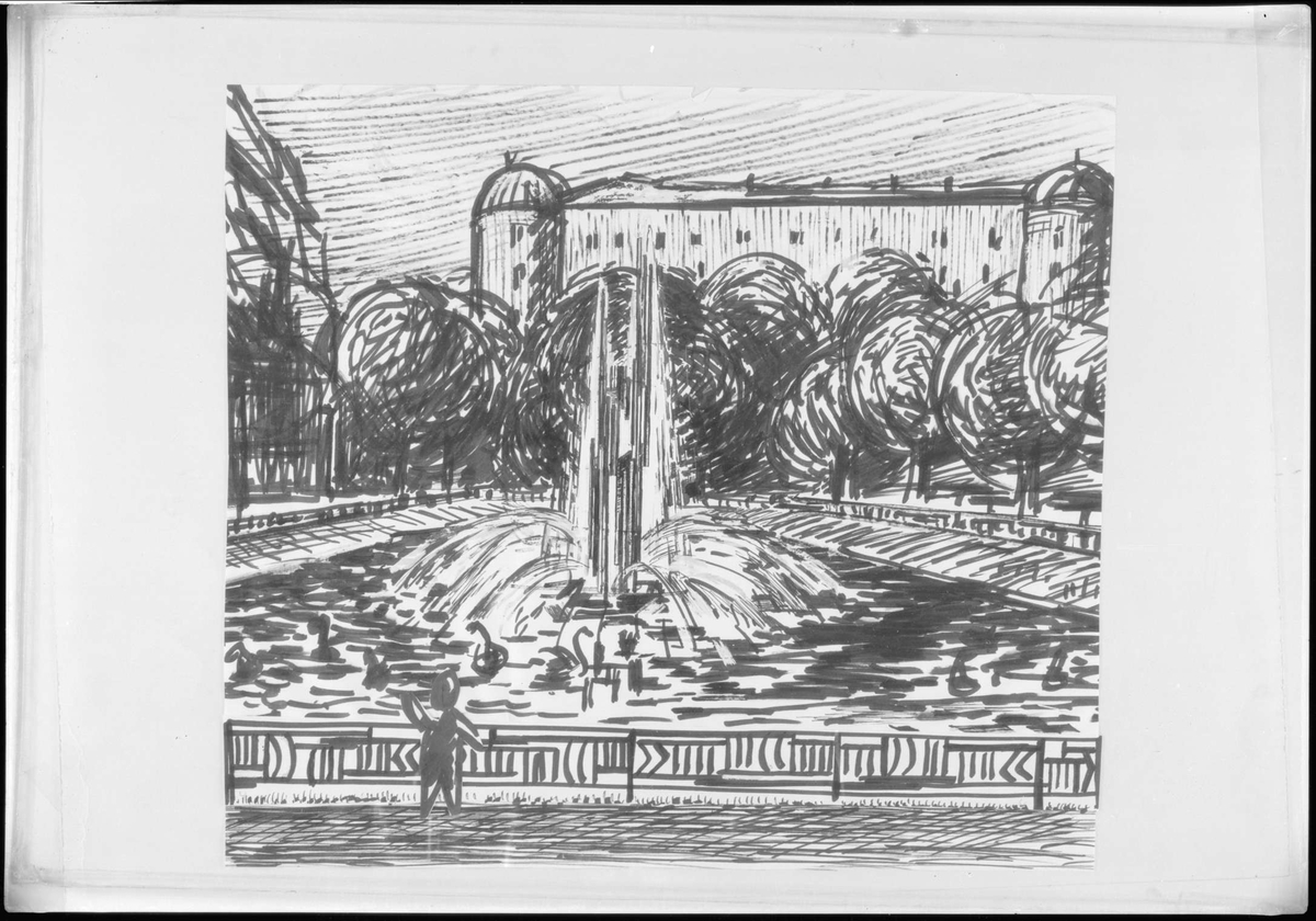 Gunnar Sundgren, Drawing of Svandammen with Uppsala Castle in the background, Fjärdingen district, Uppsala