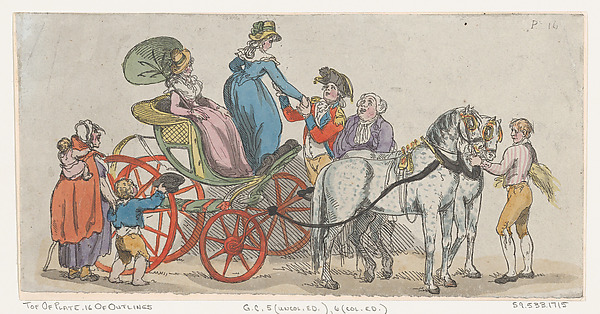 Thomas Rowlandson, Ladies Getting Out of a Carriage (from Plate 16, Outlines of Figures, Landscapes and Cattle)