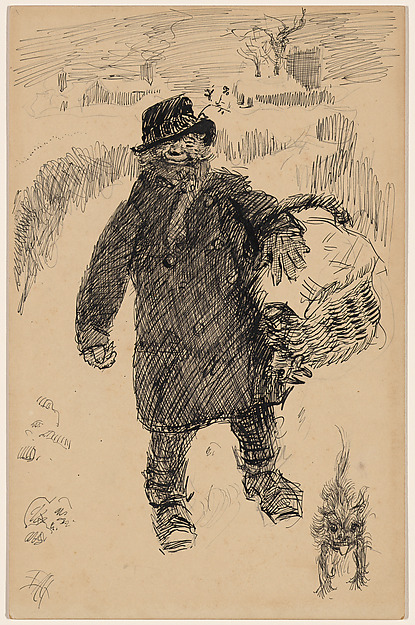 Edwin Austin Abbey, Man Walking in the Snow Carrying a Covered Basket, Accompanied by a Small Terrier