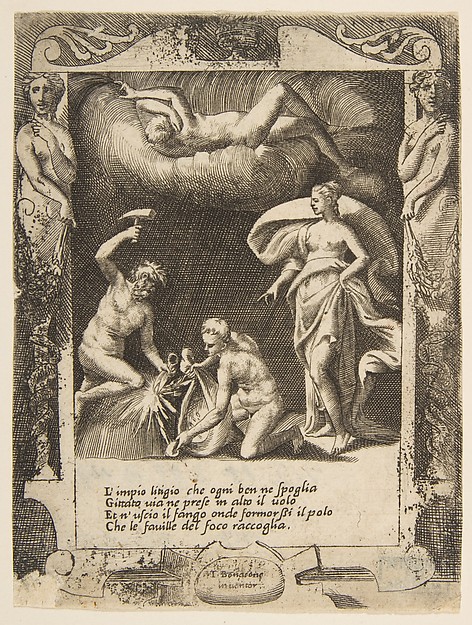 Giulio Bonasone, Litigium removed from the body of Chaos while his mother is thrown into the air, set within a frame, from "Loves, Rages and Jealousies of Juno"