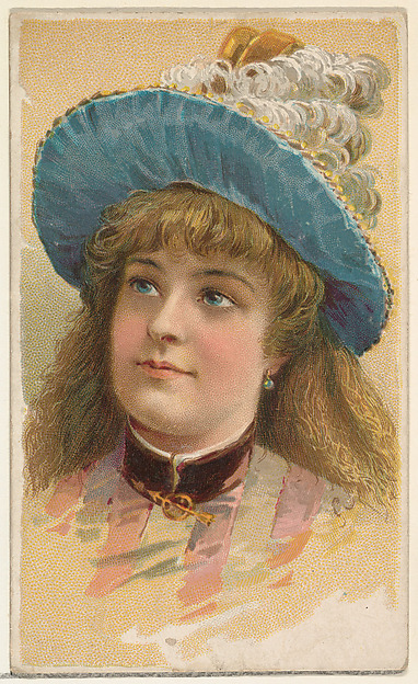 W. Duke, Sons & Co., Actress wearing wide-brimmed blue hat with white feathers, from Stars of the Stage, First Series (N129) issued by W. Duke, Sons & Co. to promote Honest Long Cut Tobacco