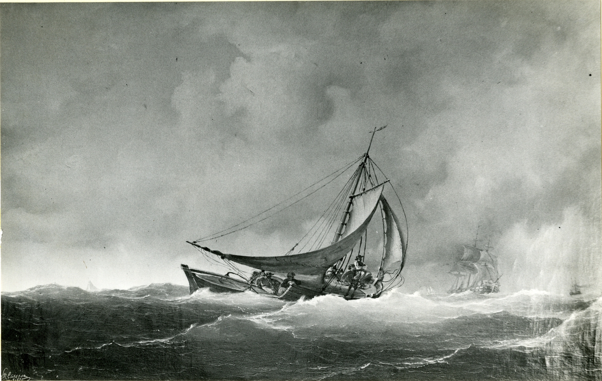 Okänd fotograf, Fiskebåt på havet. Oljemålning 1850. Storlek 62 x 89 cm.