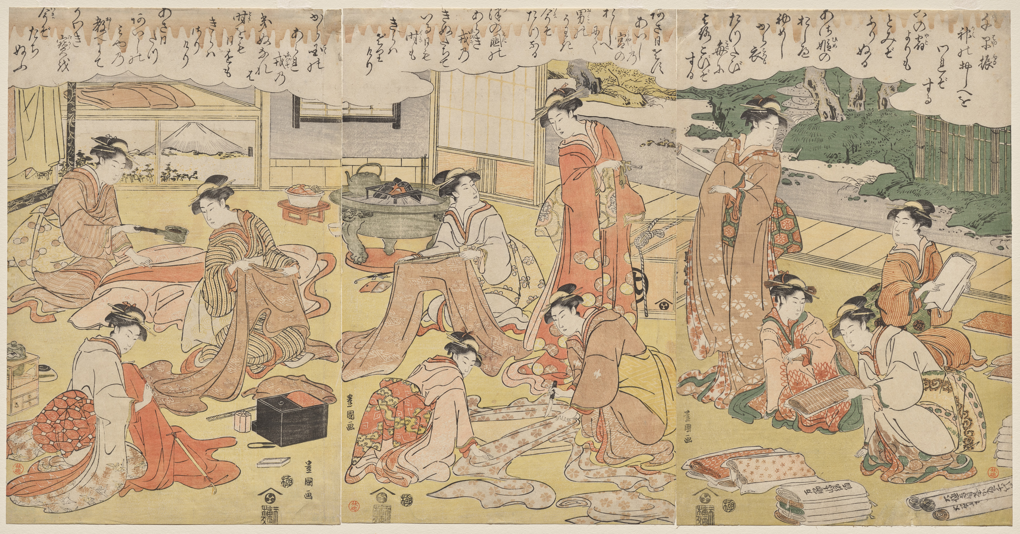 Utagawa Toyokuni, Women Making Clothing