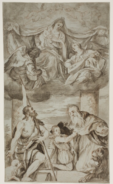 Paolo Veronese, Jomfru Maria med Jesusbarnet omgivet af engle i skyerne med Johannes Døberen og Hieronymus, efter Paolo Veroneses maleri tidligere i S. Francesco della Vigna, Venedig