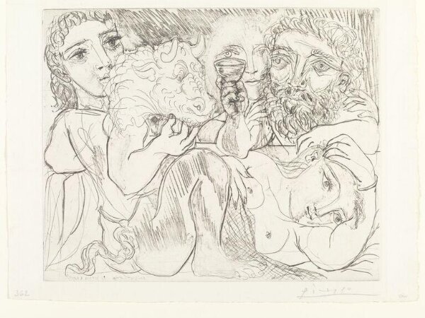 Pablo Picasso, Marie-Thérèse rêvant de métamorphoses: elle-même et le sculpteur buvant avec un jeune acteur grec jouant le rôle du Minotaure