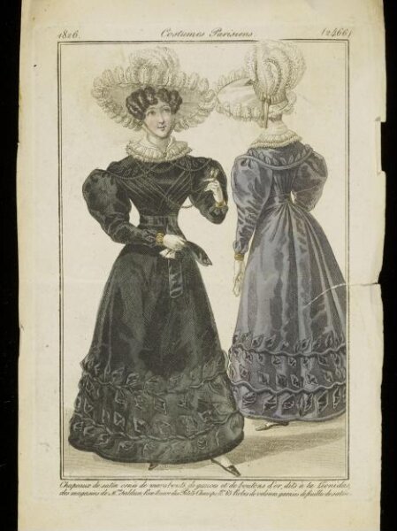Unknown, Chapeau de satin ornés de marabouts de gances et de boutons d'or, dits à la Leonidas, des magasins de Mme Saldun, Rue Revue des Petits Champs, no. 65. Robes de velours garnies de feuilles de satin.