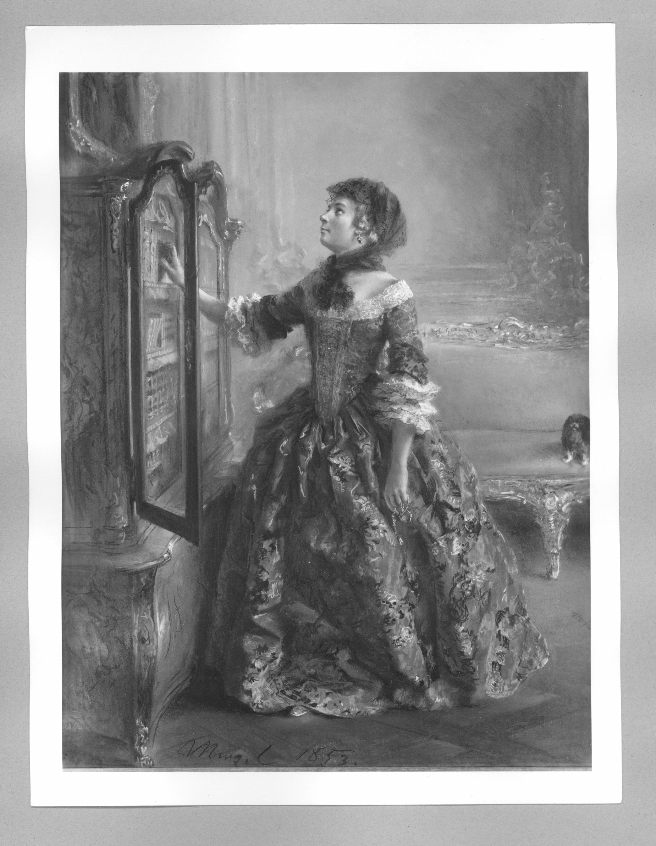 Adolph von Menzel, Dame in Rokoko-Kostüm vor einem Bücherschrank (Prinzessin Amalie von Hohenzollern)