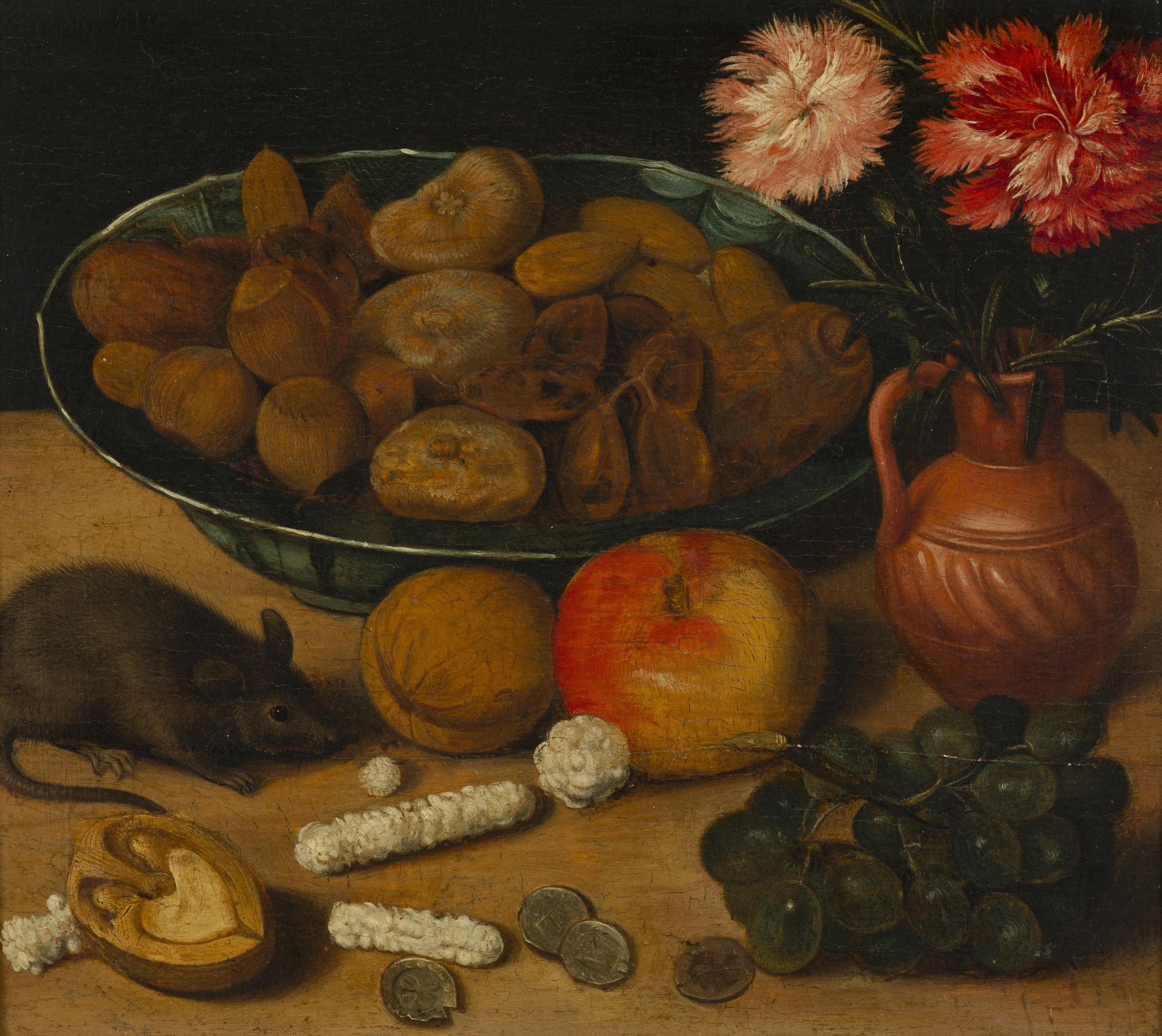 Georg Flegel, Stilleven met vaas bloemen, noten, vruchten en muis