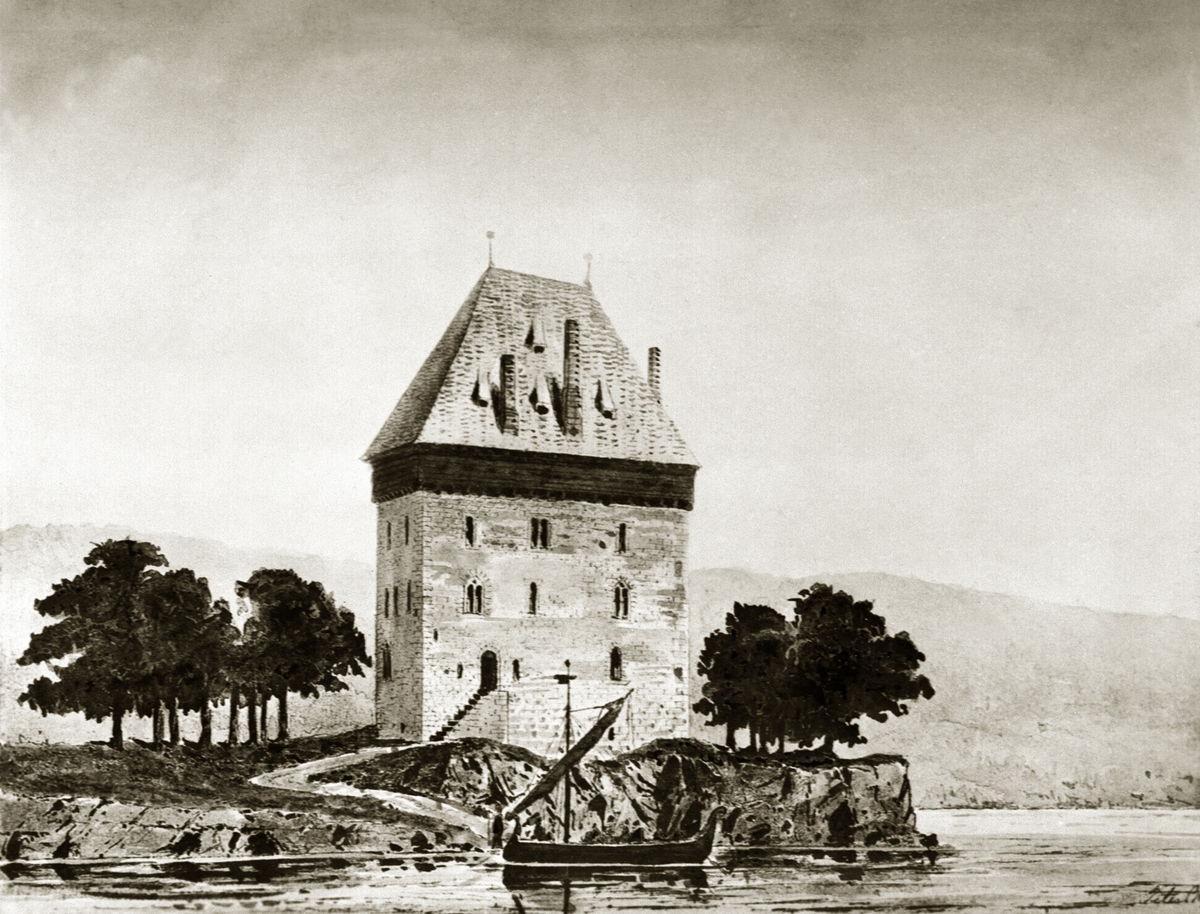 Anno Domkirkeodden, Tegning av Mjøskastellet på Steinsholmen i Ringsaker. Rekonstruksjon av Peter Andreas Blix (1831-1901). Undersøkt og dokumentert i 1897.