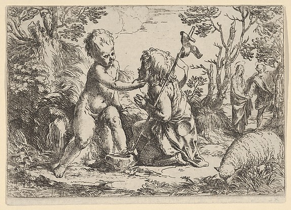 Guido Reni, Young Saint John the Baptist kneeling before the infant Christ who caresses his face, the Virgin and Joseph in the background at right