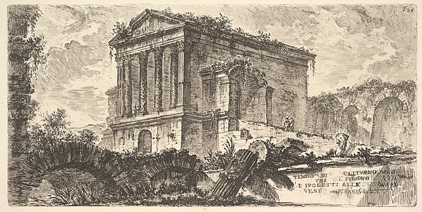 Giovanni Battista Piranesi, Plate 26: Temple of Clitumnus between Foligno and Spoleto... (Tempio di Clitumno tra Fuligno e Spoletti...), from "Alcune Vedute di Archi Trionfali ed altri monumenti inalzati da Romani parte di quali se veggono in Roma e parte per l'Italia" (Some Views of Triumphal Arches and other monuments erect…