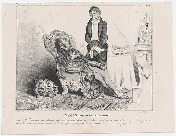 Honoré Daumier, Plate 34: Hell! Common manners must be respected, from 'Caricaturana,' published in Les Robert Macaires