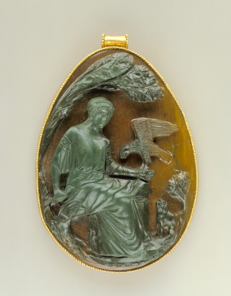 Unknown, Pendant Depicting a Seated Female Figure Holding a Falcon