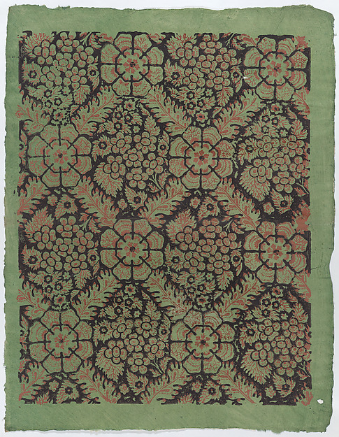 Anonymous, Sheet with overall floral pattern on green background