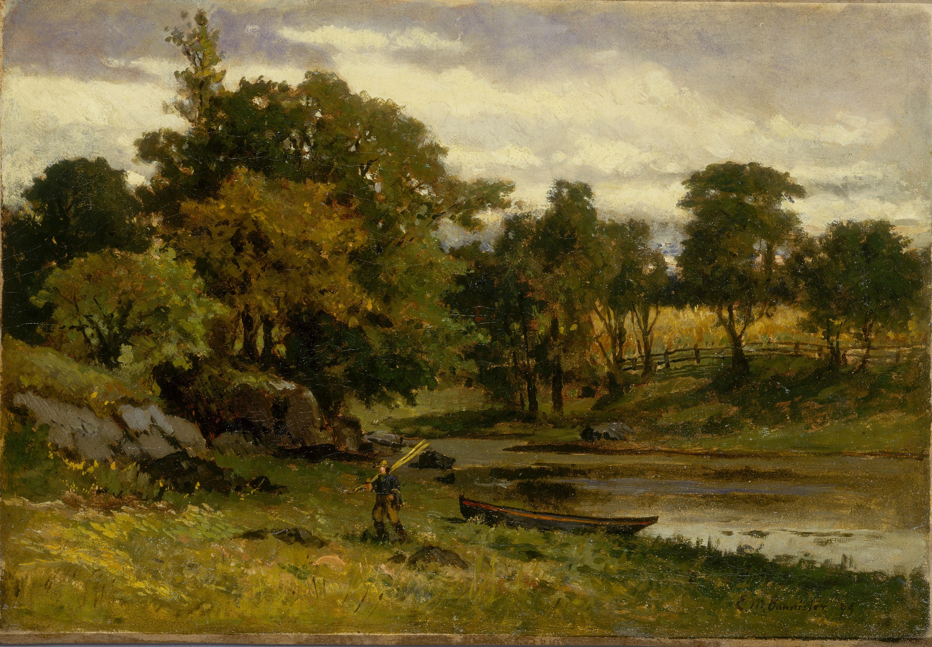 Edward Mitchell Bannister, Untitled (landscape, boat moored near stream, man walking in foreground)