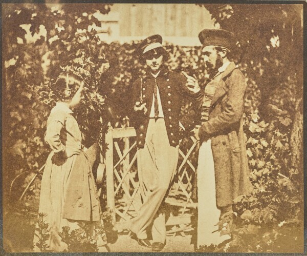 Hippolyte Bayard, [Two Men and a Girl in a Garden]