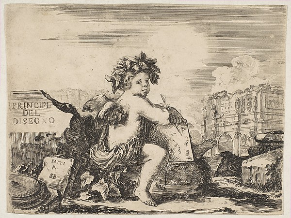 Stefano della Bella, Plate 1: the genius of drawing, a child with wings, seated on a rock in center turned towards the right, holding a drawing pad and pen, ruins including a triumphal arch to right in the background, the title page from "The Principles of Design" (I principii del disegno)