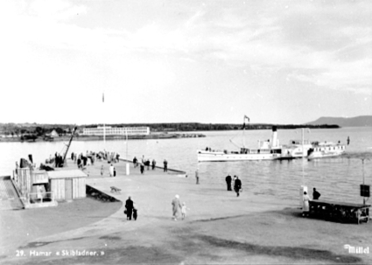 Anno Domkirkeodden, MJØSBÅTEN D. S. SKIBLADNER MOT HAMAR BRYGGE, FOLK, TJUVHOLMEN I BAKGRUNNEN