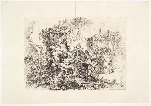 Giovanni Battista Piranesi, Neros grav. Dekorativ capriccio. I forgrunden arkitekturfragmenter og en sarkofag omvundet af slanger og med Neros grav herover