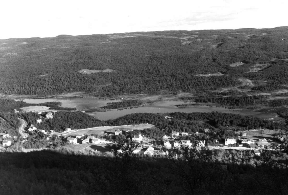 Hermann Christian Neupert, Geilo, Hallingdal. Oversiktsbilde over tettbebyggelse og landskap med skog og åser.