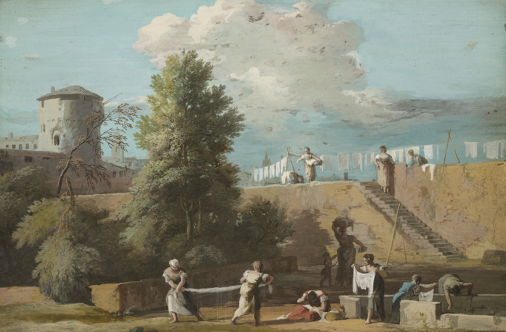 Marco Ricci, The Outskirts of a Town with Women Washing Linen