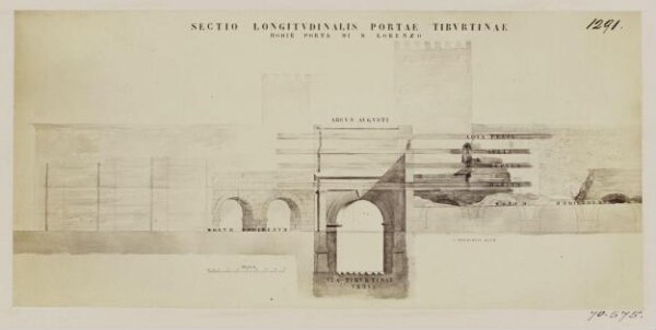 Parker, John Henry, Gates of Rome - Porta di S. Lorenzo, Section, shewing the different levels of the roads, and of the Aqueducts