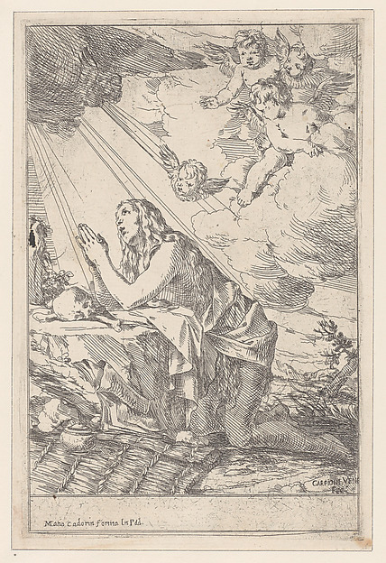 Giulio Carpioni, The Penitent Saint Mary Magdalene, kneeling before a skull and bones