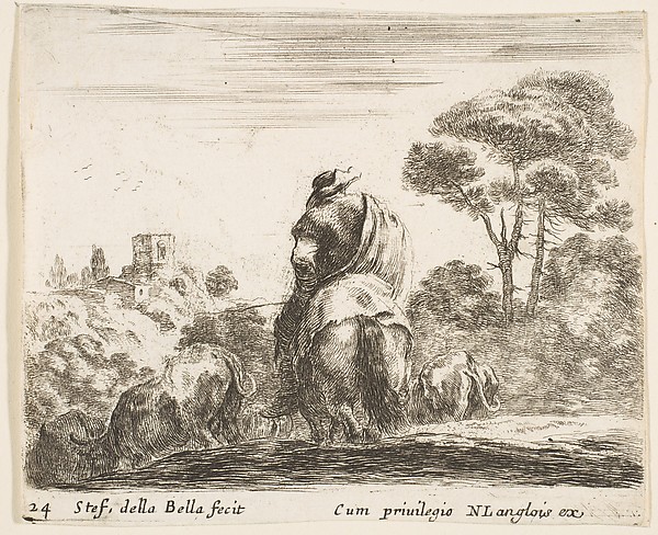 Stefano della Bella, Herdsman atop a horse, seen from behind, leads his cattle down a hill, a tower on a hill to left in the background, plate 24 from "Diversi capricci"