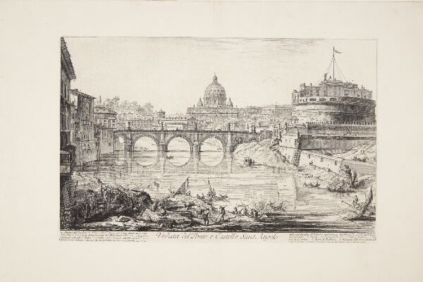 Giovanni Battista Piranesi, Castel Sant' Angelo-broen med kastellet (Hadrians mausoleum), i forgrunden Tiberen med både og i det fjerne Peterskirkens kuppel