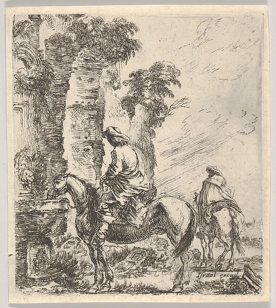 Stefano della Bella, A rider making his horse drink from a basin of a fountain at left, another horseman seen from behind riding towards the left in the background, plate 19 from "Various figures and doodles" (Diverses figures et griffonnemens)