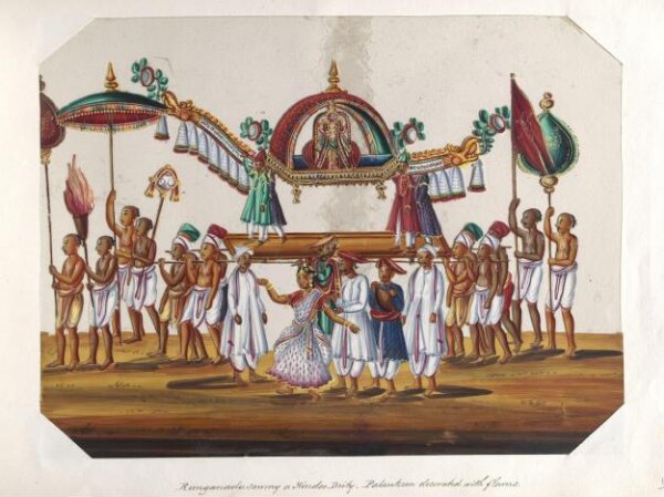 Unknown, One of sixteen mica paintings depicting Hindu deities and festival processions with decorated cars.