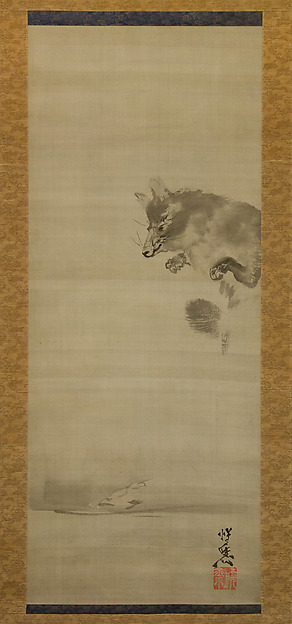Kawanabe Kyōsai 河鍋暁斎, Tanuki (Racoon  Dog) Viewing Its Reflection in Water