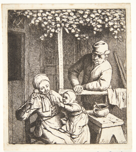 Adriaen van Ostade, Familie uden for et bondehus, moren med en trædukke i hånden