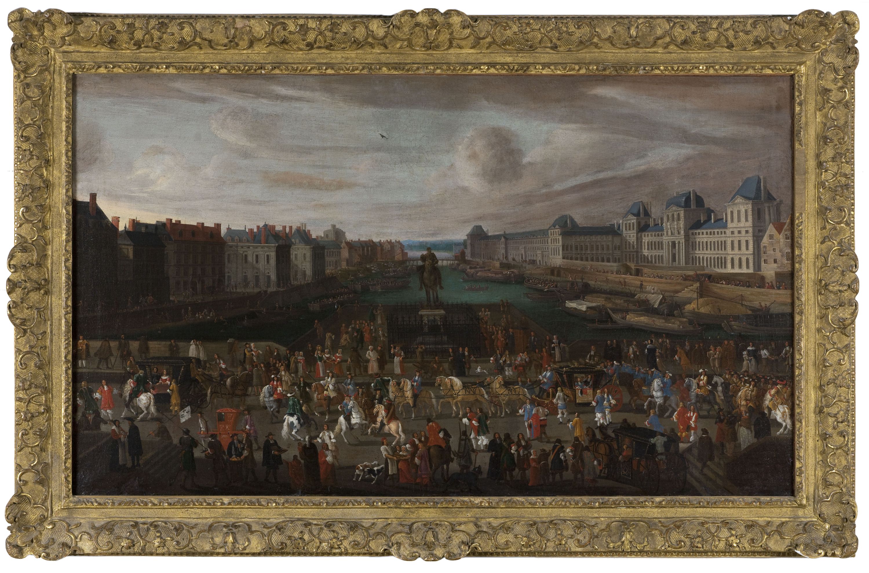 Anonyme, le Pont-Neuf, vu de l'entrée de la place Dauphine, le Quai Malaquais avec le collège des Quatre-Nations en construction, la Grande Galerie et le Louvre, vers 1665. Passage d'un cortège sur le pont.