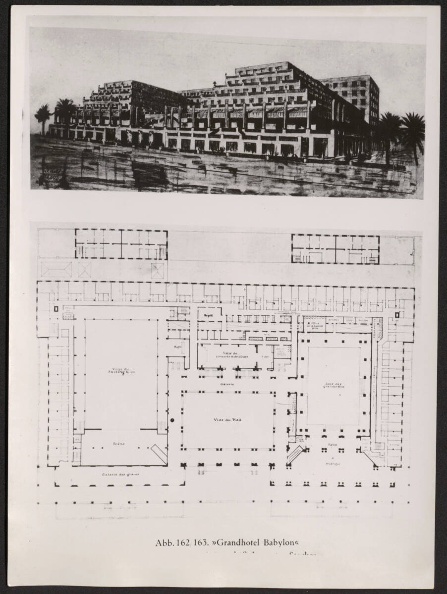 Anonym, Grand Hotel Babylon, Nizza, Repro aus Publikation, Abb. 162/163: gezeichnete Außenansicht und Grundriss 1. Etage