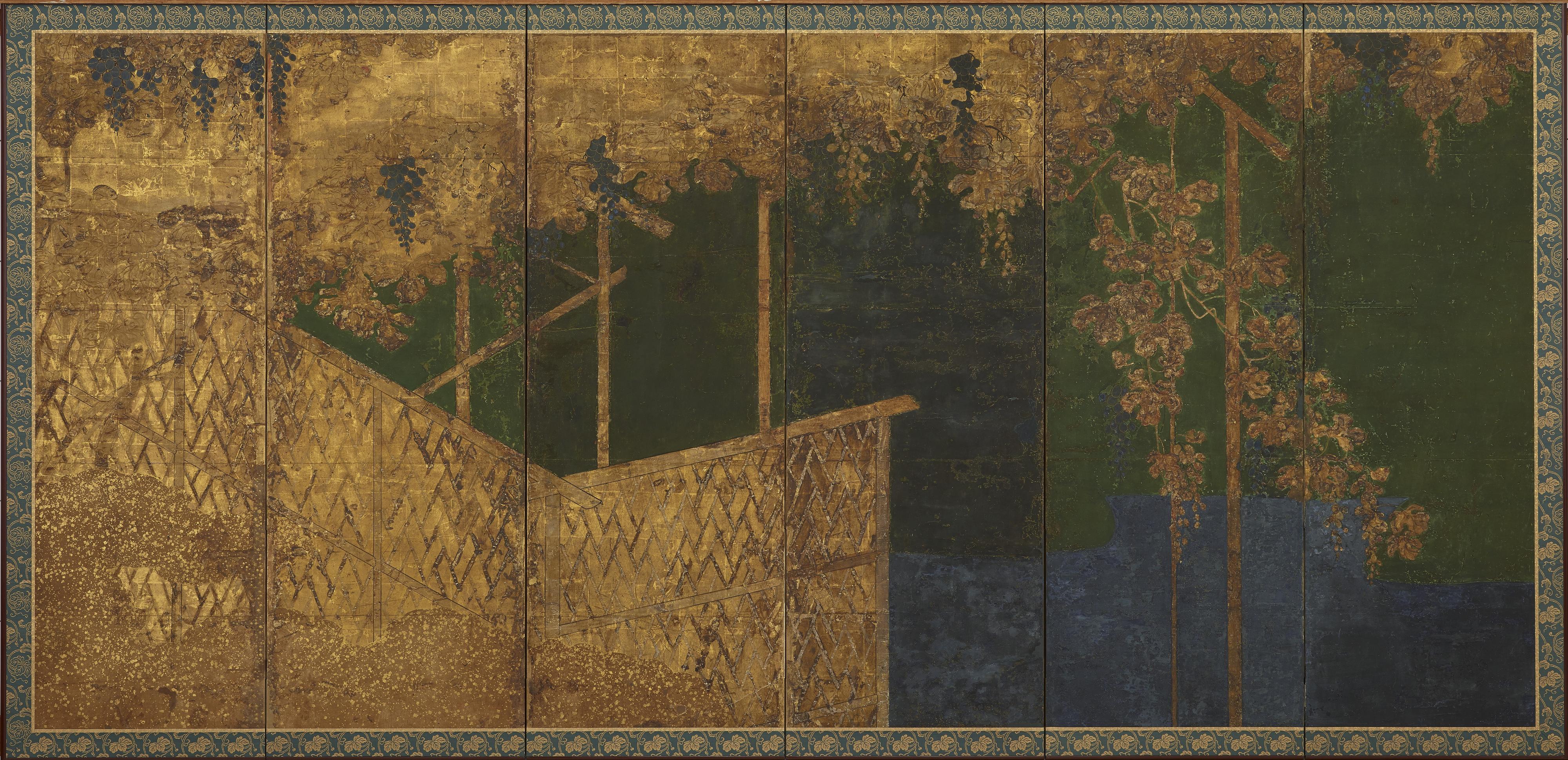 Kano Eitoku, Fruiting grapevines on a bamboo trellis 「葡萄棚図屏風」