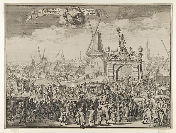 Romeyn de Hooghe, Entrance of William III into The Hague (Inhaling van S.K. Maj. aende Westeynder brug door de E.A. Magistraet van s'Gravenhage / Reception de sa Majesté au pont du Westende) from Bidloo, Inkomste van Koning Willem III
