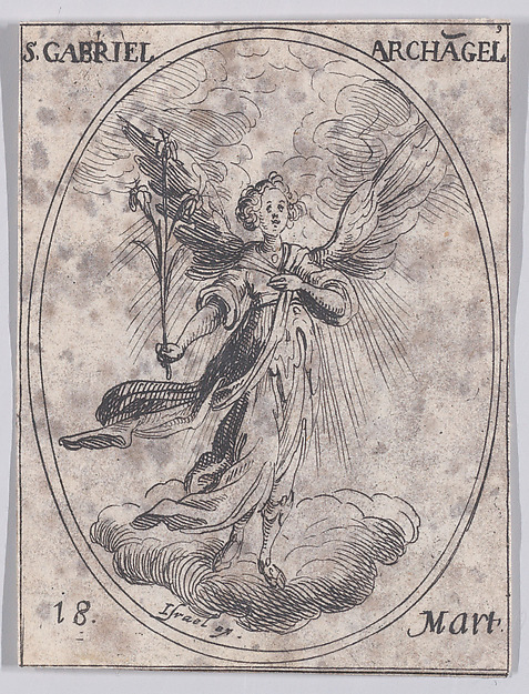 Jacques Callot, S. Gabriel, archange (St. Gabriel, Archangel), March 18th, from "Les Images De Tous Les Saincts et Saintes de L'Année" (Images of All of the Saints and Religious Events of the Year)
