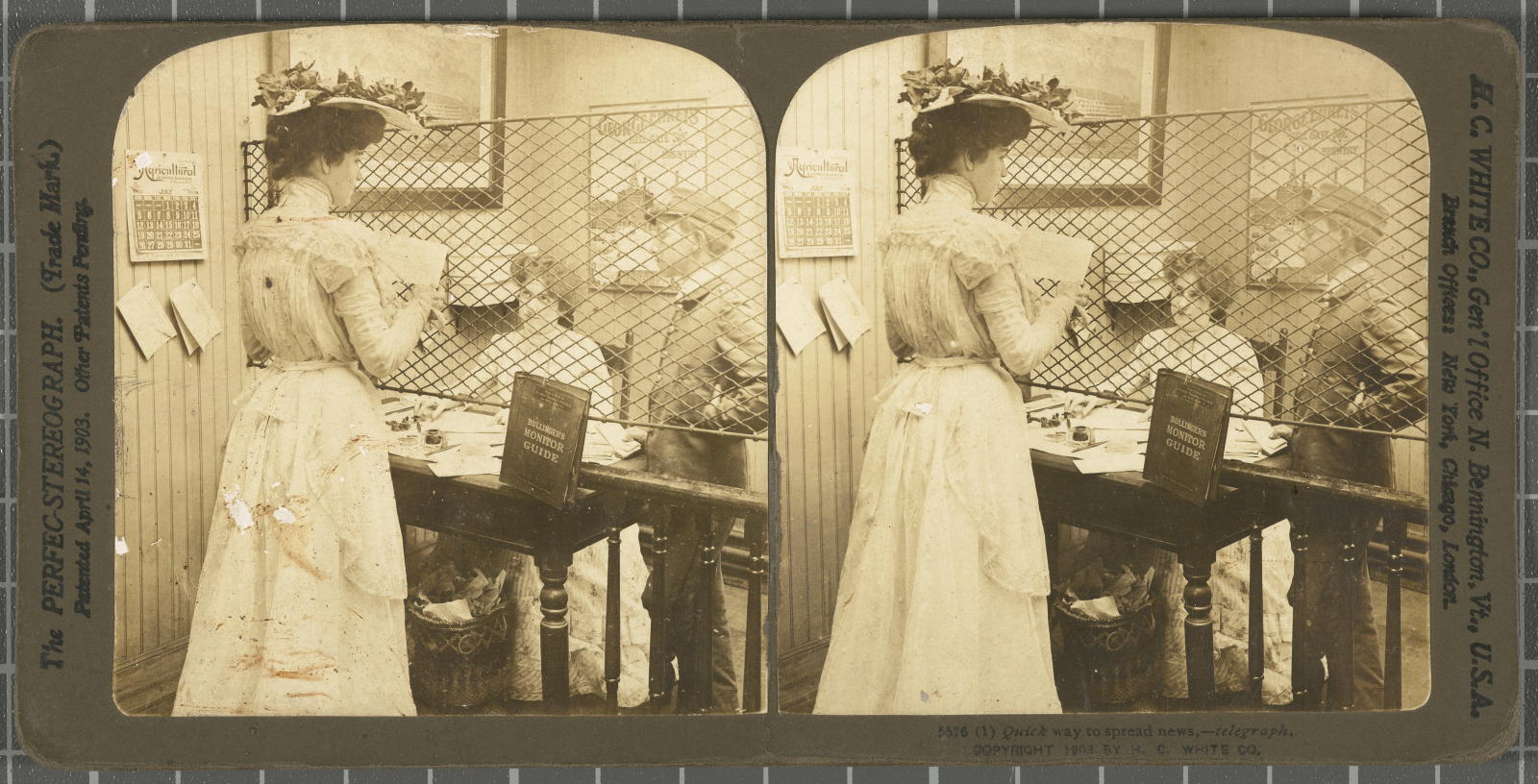 Desconegut, Quick way to spread news,telegraph Justificació del títol, títol inscrit White, H.C. & Co., The "Perfec" Stereograph